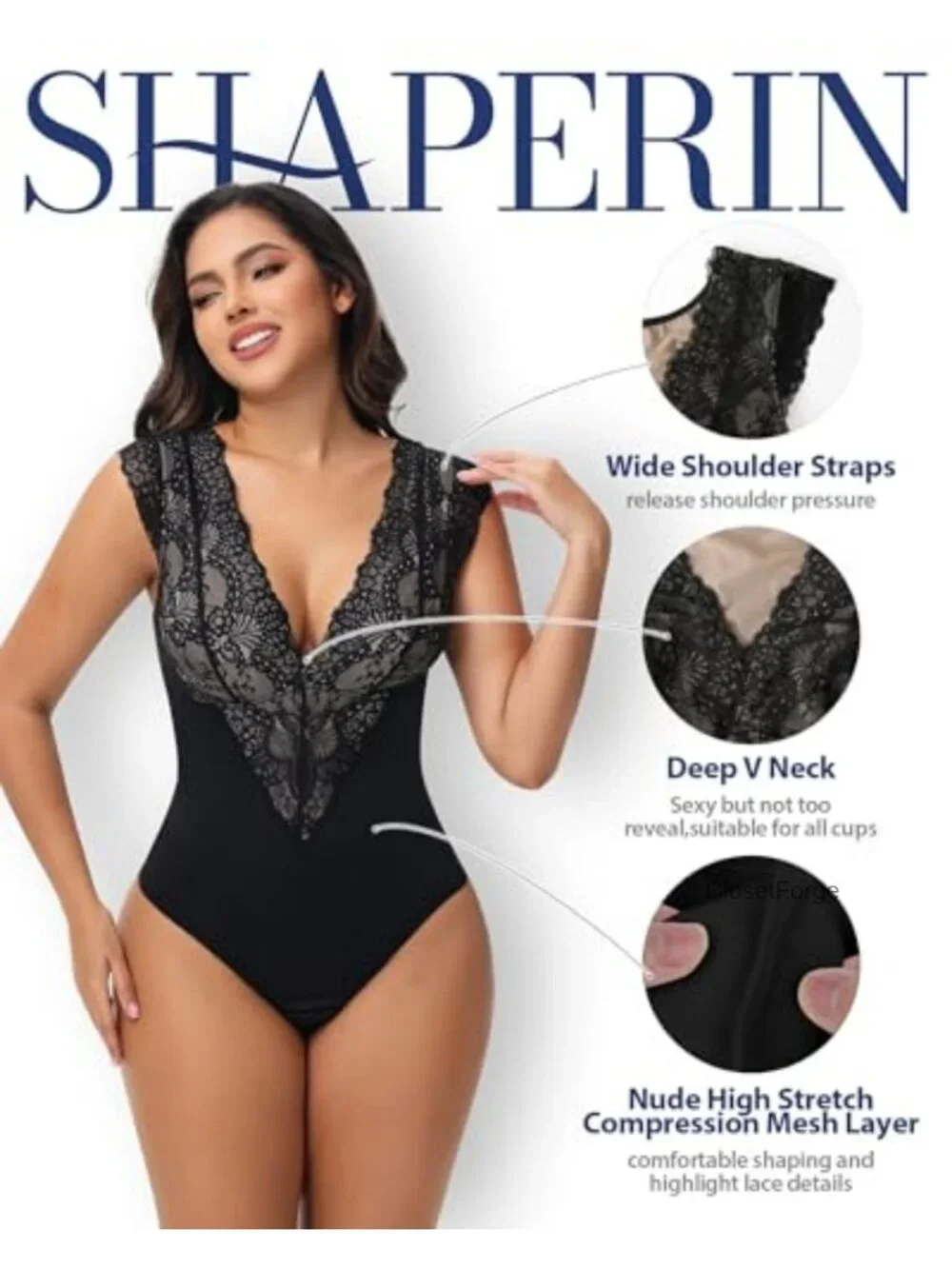 Lace Bodysuit Tummy Control Shapewear Deep V Neck Corset Top Going Out
